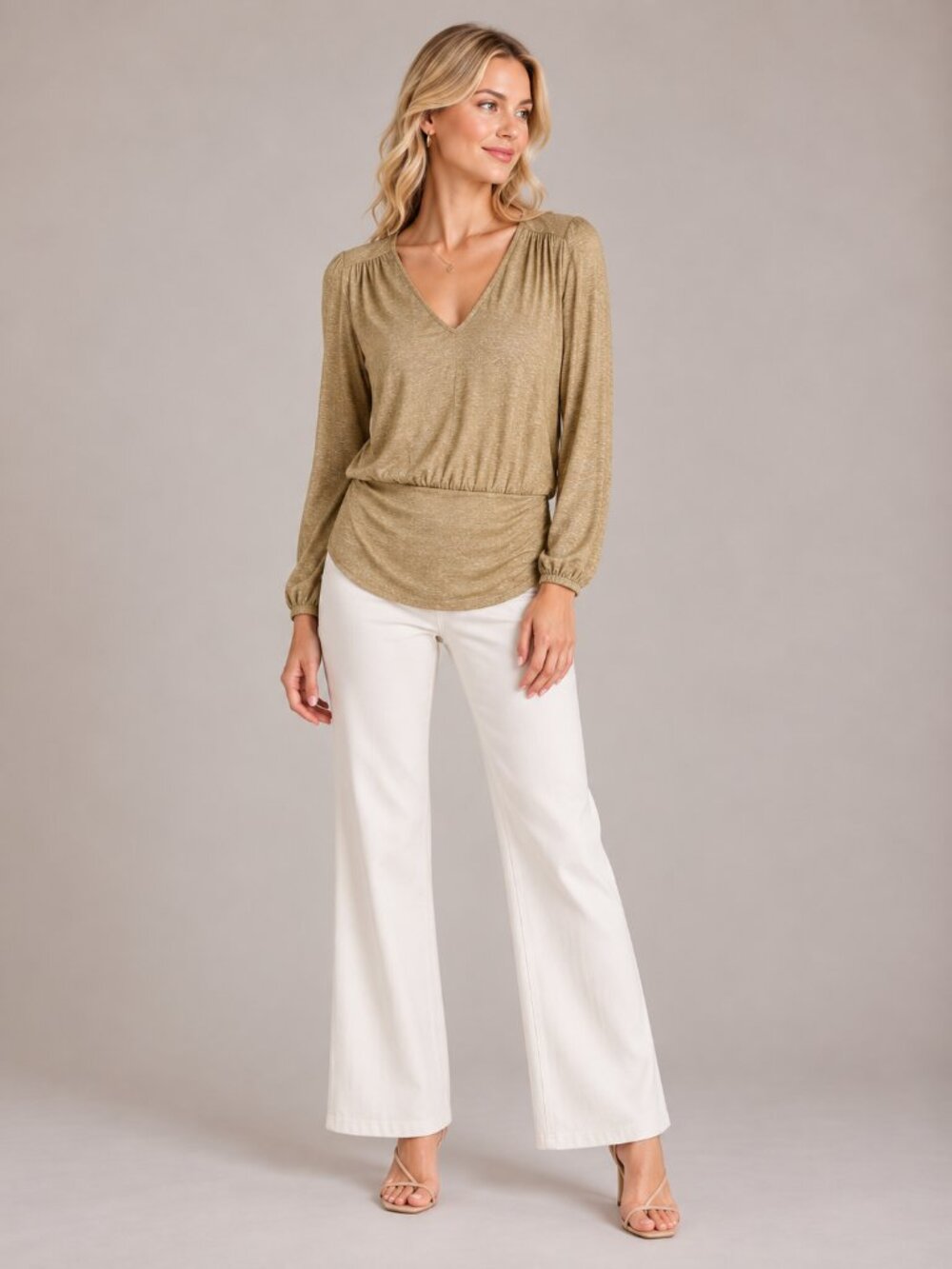 NWT White House Black Market Long Sleeve V-Neck Top Gold Metallic S #WHBM54